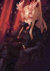 Rule 34 | 1girl, absurdres, black capelet, black pants, capelet, gloves, grin, hand up, highres, horns, horror (theme), iga (okame nin), crossed legs, long hair, looking at viewer, okame nin, original, pants, parted lips, ponytail, red eyes, scar, scar on neck, sitting, smile, solo, spiked horns, surgical scar, sword, throne, weapon