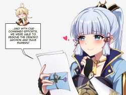 Rule 34 | 1boy, 1girl, aether (genshin impact), ayaka (genshin impact), blonde hair, blue hair, blunt bangs, blush, chibi, chibi inset, closed mouth, commentary request, english text, genshin impact, hair ribbon, hands up, highres, holding, holding letter, japanese clothes, letter, light blue hair, long hair, midori (user nsaz3272), mole, mole under eye, reading, ribbon, simple background, smile, tress ribbon, upper body, white background