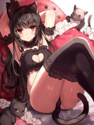Rule 34 | &gt;:&lt;, 1girl, animal ears, arm garter, armpits, arms behind back, arms up, black hair, black thighhighs, blush, breasts, cat, cat ears, cat tail, cleavage cutout, clothing cutout, comeo (komeo15), fake animal ears, fake tail, frills, heart cutout, lingerie, long hair, looking at viewer, lying, medium breasts, meme attire, on back, original, paw print, red eyes, solo, tail, thighhighs, underwear, v-shaped eyebrows