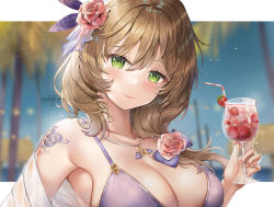 Rule 34 | 1girl, artist name, bikini, blurry, blurry background, blush, breasts, brown hair, cleavage, closed mouth, collarbone, commentary, cup, depth of field, drawstring, drink, english commentary, fingernails, flower, food, fruit, genshin impact, green eyes, hair flower, hair ornament, hair over shoulder, highres, holding, holding cup, ice, ice cube, jewelry, large breasts, lisa (genshin impact), long fingernails, looking at viewer, low ponytail, necklace, off shoulder, palm tree, pink flower, pink rose, purple bikini, rose, shoulder tattoo, silverpixia, smile, solo, strawberry, swimsuit, tattoo, tree