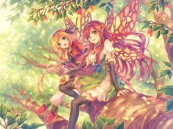 Rule 34 | 2girls, :d, bad id, bad pixiv id, blonde hair, blue eyes, boots, branch, bridal gauntlets, butterfly wings, circlet, dress, food, fruit, green eyes, high heels, in tree, insect wings, long hair, multiple girls, natsu natsuna, open mouth, original, pointy ears, red eyes, smile, thigh boots, thighhighs, tree, twintails, wings
