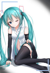 Rule 34 | 1girl, akira (been0328), blue eyes, blue hair, hatsune miku, highres, matching hair/eyes, one eye closed, skirt, smile, solo, twintails, vocaloid, wink