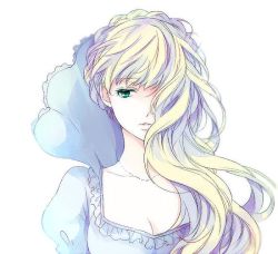 Rule 34 | 10s, 1girl, aldnoah.zero, amy26, asseylum vers allusia, blonde hair, blue dress, breasts, cleavage, collarbone, dress, green eyes, hair over one eye, jewelry, jpeg artifacts, long hair, looking away, necklace, parted lips, simple background, solo, upper body, white background