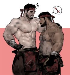 Rule 34 | 2boys, abs, bara, beard, blacksmith, brown pants, bulge, chest hair, couple, dark-skinned male, dark skin, dirty, dirty face, dopey (dopq), facial hair, feet out of frame, gloves, hand on another&#039;s shoulder, headband, height difference, highres, interracial, large pectorals, male focus, mature male, multiple boys, muscular, muscular male, navel, navel hair, nipples, original, pants, pectorals, pelvic curtain, short hair, smile, stomach, sweat, topless male, yaoi