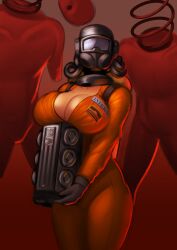Rule 34 | 1girl, 2others, bodysuit, breasts, chira (chiaroscuro), cleavage, coil-head (lethal company), collarbone, engine, facing viewer, gloves, gradient background, grey gloves, hazmat suit, highres, holding, large breasts, lethal company, monster, multiple others, name tag, open clothes, orange bodysuit, oxygen mask, red background, simple background, standing, worker (lethal company)