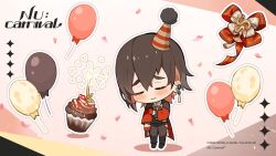 Rule 34 | 1boy, balloon, birthday cake, blush, brown hair, cake, chibi, chinese clothes, colored inner hair, confetti, ear piercing, food, gem, gloves, long sleeves, male focus, multicolored hair, nu carnival, official art, orange hair, piercing, red gloves, standing, yakumo (nu carnival)