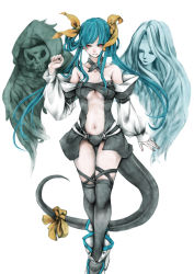 Rule 34 | 1girl, asymmetrical wings, bare shoulders, black thighhighs, blue hair, collarbone, dizzy (guilty gear), guilty gear, hair ribbon, long hair, navel, necro (guilty gear), nejimaki oz, red eyes, ribbon, simple background, solo, tail, tail ornament, tail ribbon, thighhighs, twintails, undine (guilty gear), white background, wings