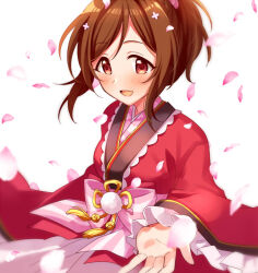 Rule 34 | 1girl, blurry, blurry foreground, blush, bow, breasts, brown eyes, brown hair, domyoji karin, dress bow, falling petals, idolmaster, idolmaster cinderella girls, idolmaster cinderella girls starlight stage, japanese clothes, kimono, konase (non stop!), long sleeves, looking at viewer, medium breasts, messy hair, open mouth, petals, pink bow, reaching, reaching towards viewer, red kimono, short hair, simple background, smile, solo, white background, wide sleeves