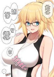 Rule 34 | ..., 1girl, blonde hair, blue eyes, blush, breasts, collarbone, competition swimsuit, english text, fate/grand order, fate (series), glasses, hair tie, hard-translated, highres, jeanne d&#039;arc (fate), jeanne d&#039;arc (ruler) (fate), jeanne d&#039;arc (swimsuit archer) (fate), large breasts, light blush, long hair, looking at viewer, one-piece swimsuit, open mouth, pononozo, ponytail, simple background, smile, solo, speech bubble, swimsuit, talking, third-party edit, upper body, very long hair, whistle, whistle around neck, white background