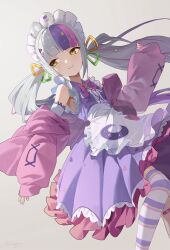 Rule 34 | 1girl, apron, bare shoulders, blunt bangs, bow, bowtie, brooch, closed mouth, commentary, crescent print, dress, frilled apron, frilled dress, frills, grey hair, hair ornament, highres, hololive, jacket, jacket partially removed, jewelry, long hair, long sleeves, m.q (mqkyrie), magical girl, maid headdress, multicolored hair, murasaki shion, murasaki shion (magical girl maid), official alternate costume, official alternate hairstyle, open clothes, open jacket, pink bow, pink bowtie, pink hair, pink jacket, purple dress, purple hair, purple thighhighs, sideways glance, sleeveless, sleeveless dress, smile, solo, star (symbol), star brooch, star hair ornament, streaked hair, striped clothes, striped thighhighs, thighhighs, triangle hair ornament, twintails, virtual youtuber, waist apron, white apron, yellow eyes