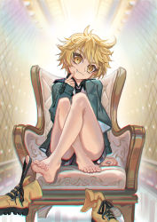 Rule 34 | 1boy, absurdres, ashikaga hyouta, bare legs, barefoot, bishounen series, blonde hair, chair, child, closed mouth, commentary, crossed legs, evil grin, evil smile, grin, highres, male focus, necktie, shorts, sitting, slit pupils, smile, solo, solo focus, teeth, whinghope, yellow eyes