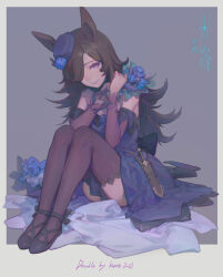 Rule 34 | 1girl, animal ears, bare shoulders, black thighhighs, blue flower, blue rose, blush, border, breasts, closed mouth, commentary, dress, english commentary, flower, grey background, hair over one eye, horse ears, horse girl, horse tail, knees up, krenz, legs, long hair, long sleeves, looking at viewer, off-shoulder dress, off shoulder, on ground, purple dress, purple eyes, rice shower (umamusume), rose, simple background, small breasts, solo, strappy heels, tail, thighhighs, tilted headwear, umamusume, white border