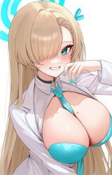 Rule 34 | 1girl, absurdres, asuna (blue archive), blue archive, blue eyes, blue halo, blue ribbon, blush, breasts, cleavage, collared shirt, commentary, grin, hair ribbon, halo, highres, large breasts, light brown hair, long hair, long sleeves, mole, mole on breast, ribbon, ryu o, shirt, simple background, smile, solo, white background, white shirt