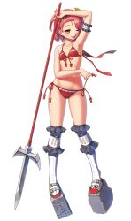 Rule 34 | 1girl, arm up, armband, armpits, bikini, bikini pull, character request, clothes pull, front-tie top, full body, halterneck, halterneck, highres, holding, holding spear, holding weapon, naughty face, navel, official art, one eye closed, orange hair, over-kneehighs, pink hair, platform footwear, polearm, red bikini, sandals, shirohime quest, short hair, side-tie bikini bottom, solo, spear, swimsuit, thighhighs, tongue, tongue out, transparent background, ueda castle, weapon