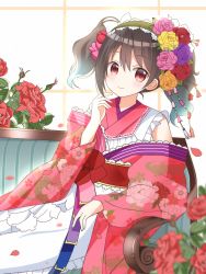 Rule 34 | 1girl, apron, bare shoulders, blurry, blurry foreground, blush, bow, brown flower, brown hair, brown rose, closed mouth, commentary request, depth of field, floral print, flower, frilled apron, frills, hair between eyes, hair flower, hair ornament, hand up, highres, japanese clothes, kimono, long sleeves, love live!, love live! school idol festival, love live! school idol project, obi, off shoulder, petals, pink flower, pink kimono, pink rose, print kimono, purple flower, purple rose, red bow, red eyes, red flower, red rose, rose, ryoutan, sash, sidelocks, sitting, sleeves past wrists, smile, solo, twintails, white apron, wide sleeves, yazawa nico, yellow flower, yellow rose