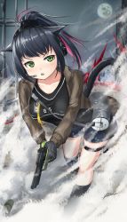 Rule 34 | 1girl, :o, animal ears, aonoyuu, arknights, bad id, bad pixiv id, bag, black gloves, black hair, black shirt, black shorts, black socks, breasts, buckle, cat ears, collarbone, commentary request, ear protection, full body, full moon, gloves, green eyes, grey jacket, gun, handgun, headset, high ponytail, highres, holding, holding gun, holding weapon, id card, jacket, jessica (arknights), knee pads, kneehighs, large breasts, long hair, long sleeves, looking to the side, moon, multicolored hair, night, night sky, open clothes, open jacket, outdoors, pistol, ponytail, running, shirt, short shorts, shorts, shoulder bag, sidelocks, signature, single knee pad, sky, smoke, smoke grenade, snap-fit buckle, socks, solo, steel beam, tail, teeth, thigh strap, trigger discipline, upper teeth only, weapon, weapon request