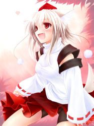 Rule 34 | 1girl, animal ears, bike shorts, breasts, detached sleeves, fang, female focus, gizensha, gradient background, hat, inubashiri momiji, open mouth, red eyes, short hair, silver hair, solo, tail, tokin hat, touhou, wolf ears, wolf tail