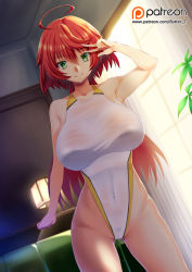 Rule 34 | 1girl, ahoge, armpits, baku ane ~otouto shibocchau zo!~, bare arms, bare shoulders, breasts, butter-t, closed mouth, competition swimsuit, couch, covered erect nipples, covered navel, cowboy shot, green eyes, hair between eyes, hayasaki yurine, highleg, highleg swimsuit, indoors, lamp, large breasts, looking at viewer, one-piece swimsuit, patreon username, red hair, see-through, smile, solo, sunlight, swimsuit, v, wet, wet clothes, wet swimsuit