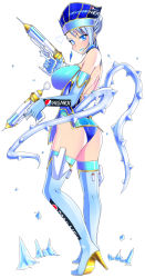 Rule 34 | 10s, 1girl, absurdres, ass, back, backless outfit, bare shoulders, blue eyes, blue hair, blue rose (tiger &amp; bunny), boots, breasts, cleavage, earrings, elbow gloves, fingernails, fingernails over gloves, gloves, gun, high heels, highres, ice, jewelry, karina lyle, large breasts, legs, lipstick, makeup, matching hair/eyes, miitoban, pepsi, product placement, shoes, short hair, solo, thigh boots, thighhighs, thighs, tiger &amp; bunny, weapon