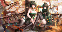Rule 34 | 2girls, absurdres, black hair, black thighhighs, breasts, china dress, chinese clothes, cleavage, crown, dress, elbow gloves, feet, gloves, green eyes, green hair, hair ornament, hanying: zitherwoe (punishing: gray raven), hanying (punishing: gray raven), highres, jewelry, large breasts, long hair, looking at viewer, multicolored hair, multiple girls, nail polish, no shoes, punishing: gray raven, qu: pavo (punishing: gray raven), qu (punishing: gray raven), red eyes, sitting, smll233, soles, thighhighs