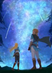 Rule 34 | 1boy, 1girl, aurora, black pants, blonde hair, blue shirt, blue tunic, boots, brown footwear, cape, earrings, facing away, fingerless gloves, from above, from behind, full body, gloves, grass, highres, jewelry, link, long hair, looking up, low poly, medium hair, night, night sky, nintendo, outdoors, pants, pointy ears, princess zelda, shirt, shooting star, sidelocks, sky, standing, the legend of zelda, the legend of zelda: breath of the wild, tree, white pants, white shirt, yayoi (chepiiii23)