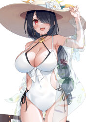 Rule 34 | 1girl, :d, aito (indigorabbit), black hair, blue archive, braid, braided ponytail, breasts, brown hat, cleavage, collarbone, commentary request, covered navel, cross, cross earrings, earrings, flower, flower hat, hair over one eye, halo, hat, highres, hinata (blue archive), hinata (swimsuit) (blue archive), jewelry, large breasts, long hair, looking at viewer, official alternate costume, one-piece swimsuit, open mouth, red eyes, simple background, smile, solo, straw hat, swimsuit, teeth, thighs, upper teeth only, white background, white flower, white one-piece swimsuit, yellow halo