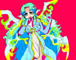 Rule 34 | 1girl, blue hair, breasts, dress, multicolored eyes, muzet (tales), open mouth, pink background, pointy ears, tales of (series), tales of xillia, wings