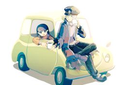Rule 34 | 1boy, 1girl, a (b286rhvn), akari (pokemon), bad id, bad pixiv id, belt, black hair, car, coat, commentary request, creatures (company), crossed legs, cup, eyelashes, game freak, hair ornament, hairclip, hand up, hat, holding, holding cup, ingo (pokemon), long hair, motor vehicle, mug, nintendo, open clothes, open coat, open mouth, pants, pokemon, pokemon legends: arceus, shoes, sitting, smile, torn clothes, torn coat, vehicle focus