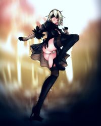 Rule 34 | 1girl, android, ass, black dress, black thighhighs, blindfold, boots, breasts, dress, gloves, high heel boots, high heels, highres, looking at viewer, looking down, mole, mole under mouth, nier (series), nier:automata, parted lips, shiny skin, short hair, smile, solo, thigh boots, thighhighs, thong, underwear, upskirt, 2b (nier:automata)