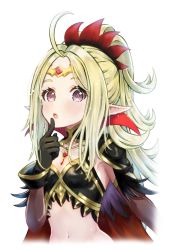Rule 34 | ahoge, armpits, cape, finger to mouth, fire emblem, fire emblem awakening, fire emblem heroes, gloves, green hair, headpiece, highres, howaito gyuunyuu, long hair, looking at viewer, navel, nintendo, nowi (fire emblem), official alternate costume, pointy ears, ponytail, solo