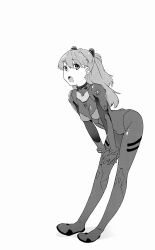 Rule 34 | 1girl, arm support, artist request, ass, bodysuit, breasts, full body, hair ornament, highres, interface headset, long hair, looking at viewer, medium breasts, monochrome, neon genesis evangelion, nerv, open mouth, plugsuit, shiny clothes, simple background, skin tight, solo, souryuu asuka langley, turtleneck, two side up, very long hair