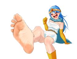 Rule 34 | 1girl, barefoot, blue hair, blush, boots, breasts, cleavage, dragon quest, dragon quest iii, elbow gloves, feet, gloves, highres, long hair, medium breasts, open mouth, red eyes, sage (dq3), shoes, single boot, single shoe, soles, toes