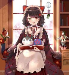 Rule 34 | 1girl, :d, animal ears, apron, black choker, black hair, blush, book, bookshelf, brown eyes, brown kimono, choker, commentary request, dog ears, dog hair ornament, fangs, flower, frilled apron, frills, hair flower, hair ornament, heterochromia, holding, holding book, inui toko, japanese clothes, kerosene lamp, kimono, long sleeves, looking at viewer, lunacats, maid, maid headdress, nijisanji, open book, open mouth, red eyes, red flower, revision, sitting, smile, solo, virtual youtuber, wa maid, white apron, wide sleeves, wind chime, window