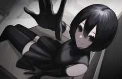 Rule 34 | 1girl, \||/, absurdres, arm support, bare shoulders, black dress, black eyes, black gloves, black hair, black thighhighs, bob cut, closed mouth, commentary, dress, elbow gloves, empty eyes, eyelashes, foreshortening, from side, gloves, hair between eyes, highres, indoors, leaning to the side, long bangs, looking at viewer, looking to the side, looking up, monogatari (series), oshino ougi, pale skin, reaching, reaching towards viewer, short hair, sitting, sleeveless, sleeveless dress, smile, solo, thighhighs, yamada maya (yamdmay), zettai ryouiki