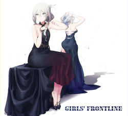 Rule 34 | 2girls, ak-12 (girls&#039; frontline), ak-12 (quiet azure) (girls&#039; frontline), an-94 (girls&#039; frontline), an-94 (silent rouge) (girls&#039; frontline), text background, bare shoulders, black dress, commentary request, copyright name, dress, evening gown, ggab0621, girls&#039; frontline, hair ornament, hairclip, high heels, highres, multiple girls, official alternate costume, shadow, silver hair, simple background, sitting