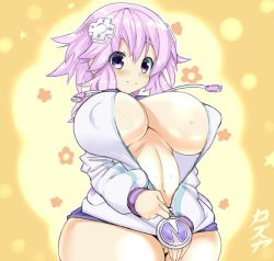 Rule 34 | 1girl, alternate breast size, blush, breasts, cleavage, covering privates, covering crotch, d-pad, d-pad hair ornament, dress, hair ornament, hood, hoodie, huge breasts, looking at viewer, navel, neptune (neptunia), neptune (series), no bra, no panties, purple eyes, purple hair, purple heart (neptunia), short hair, smile, teasing, unzipping