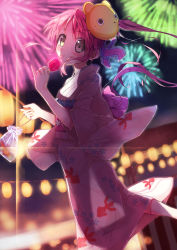 Rule 34 | 1girl, aerial fireworks, bag, brown eyes, character request, fireworks, fish, goldfish, highres, japanese clothes, kimono, lantern, licking, looking at viewer, mask, obi, paper lantern, pink hair, pitoo, sash, see-through, see-through silhouette, solo, tongue