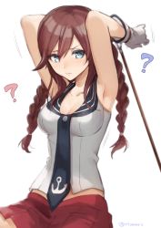Rule 34 | 10s, 1girl, ?, armpits, bad id, bad twitter id, blush, braid, breasts, brown hair, cleavage, gloves, green eyes, kantai collection, long hair, necktie, noshiro (kancolle), pleated skirt, red skirt, sailor collar, skirt, sleeveless, solo, tomari (veryberry00), twin braids, twitter username, white gloves