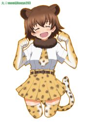 Rule 34 | 10s, 1girl, :d, animal ears, animal print, artist name, belt, black belt, blush, bodystocking, brown hair, clenched hands, closed mouth, commentary, cosplay, cowboy shot, cropped legs, facing viewer, freckles, fur collar, girls und panzer, gloves, kayabakoro, kemono friends, miniskirt, necktie, one-hour drawing challenge, open mouth, paw pose, pleated skirt, print gloves, print necktie, print neckwear, print skirt, print thighhighs, shirt, short hair, short sleeves, simple background, skirt, smile, solo, standing, tail, thighhighs, tsuchiya (girls und panzer), twitter username, white background, white shirt, yellow gloves, yellow skirt, yellow thighhighs
