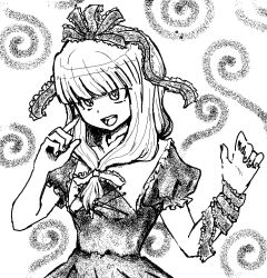 Rule 34 | 1girl, :d, arm ribbon, blunt bangs, cross-laced clothes, frilled ribbon, frills, front ponytail, greyscale, hair ribbon, jazonyan, kagiyama hina, long hair, looking at viewer, monochrome, open mouth, ribbon, simple background, smile, solo, spiral, touhou, upper body