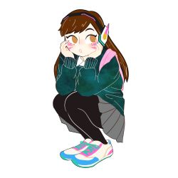 Rule 34 | absurdres, backpack, bag, black pantyhose, blue nails, brown eyes, brown hair, blowing bubbles, casual, chestnut mouth, chewing gum, collared shirt, d.va (overwatch), facepaint, facial mark, fingernails, full body, green jacket, grey skirt, hands on own face, highres, jacket, long hair, long sleeves, looking to the side, mona (h-rabbit), nail polish, no pupils, open mouth, overwatch, overwatch 1, pantyhose, pink bag, pleated skirt, shirt, shirt under jacket, shoes, simple background, skirt, sneakers, solo, squatting, swept bangs, whisker markings, white background, white shirt