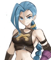 Rule 34 | 1girl, arcane: league of legends, blue hair, braid, female focus, gloves, jinx (league of legends), league of legends, long hair, looking at viewer, rakeemspoon, simple background, solo, twin braids, twintails, upper body, very long hair