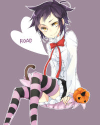 Rule 34 | 1girl, akatsuki kouya, bow, bowtie, breasts, character name, closed mouth, closed umbrella, d.gray-man, dress shirt, heart, highres, lero, long sleeves, looking at viewer, pink umbrella, purple background, purple hair, red bow, red bowtie, road kamelot, shirt, short hair, sitting, small breasts, smile, solo, striped clothes, striped legwear, striped thighhighs, thighhighs, umbrella, white shirt, yellow eyes