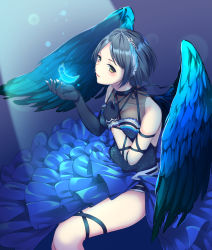 Rule 34 | 10s, 1girl, black hair, blue dress, blue wings, breasts, dress, elbow gloves, feathers, gloves, hair ornament, hayami kanade, highres, idolmaster, idolmaster cinderella girls, loco 65 o1o1, looking at viewer, parted bangs, ribbon, short hair, smile, solo, wings, yellow eyes