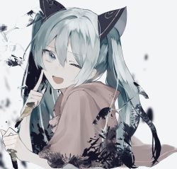 Rule 34 | 1girl, aqua eyes, aqua hair, broken glass, cup, drinking glass, facing to the side, glass, hatsune miku, highres, jacket, looking at viewer, mo011010, one eye closed, open mouth, paint splatter, smile, solo, twintails, vocaloid, wine glass