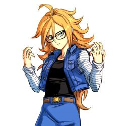 Rule 34 | 1girl, android 18, android 18 (cosplay), android 21, arms up, artist request, breasts, brown hair, cosplay, denim, denim vest, dragon ball, dragon ball fighterz, earrings, glasses, jewelry, long hair, looking at viewer, lowres, medium breasts, solo