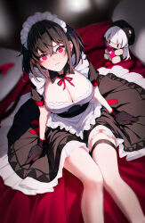 1girl @_@ absurdres alternate_costume apron bed_sheet black_dress black_gloves black_hair blurry blurry_background breasts character_doll cleavage closed_mouth depth_of_field dress enmaided feet_out_of_frame frilled_apron frills gloves hair_between_eyes heart highres large_breasts maid maid_headdress neck_ribbon original pillow puffy_short_sleeves puffy_sleeves red_eyes red_ribbon ribbon shimmer short_sleeves sitting solo thigh_strap wavy_mouth white_apron