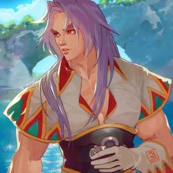 Rule 34 | 1boy, belt, chrono cross, cliff, fumezu1, gloves, hair over shoulder, highres, karsh (chrono cross), long hair, looking to the side, male focus, multicolored shirt, muscular, muscular male, ocean, outdoors, parted bangs, parted lips, pectorals, purple hair, red eyes, short sleeves, solo, sparkle, thick eyebrows, upper body, white gloves
