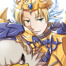 Rule 34 | 1boy, armor, blonde hair, breastplate, closed mouth, commentary request, crown, earrings, gauntlets, green eyes, griffin, gryphon (ragnarok online), jewelry, looking at viewer, natsuya (kuttuki), parted bangs, pauldrons, ragnarok online, royal guard (ragnarok online), short hair, shoulder armor, simple background, smile, upper body, white background