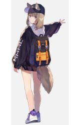 Rule 34 | 1girl, animal ear fluff, animal ears, backpack, bag, bare legs, baseball cap, black jacket, brown hair, ears through headwear, from behind, full body, grin, hat, hood, hood down, hooded jacket, jacket, kmnz, long hair, long sleeves, looking at viewer, looking back, mc lita, nail polish, original, outstretched arm, purple eyes, shoes, shugao, smile, sneakers, solo, standing, tail, thighs, virtual youtuber, wolf ears, wolf girl, wolf tail